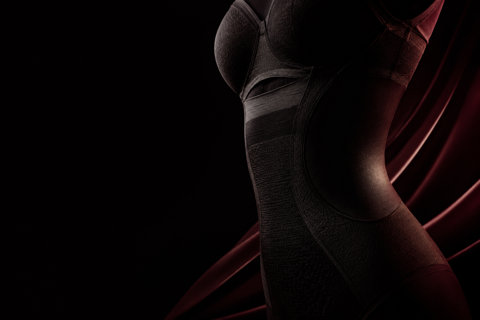 Black engineered shapewear with burgundy light